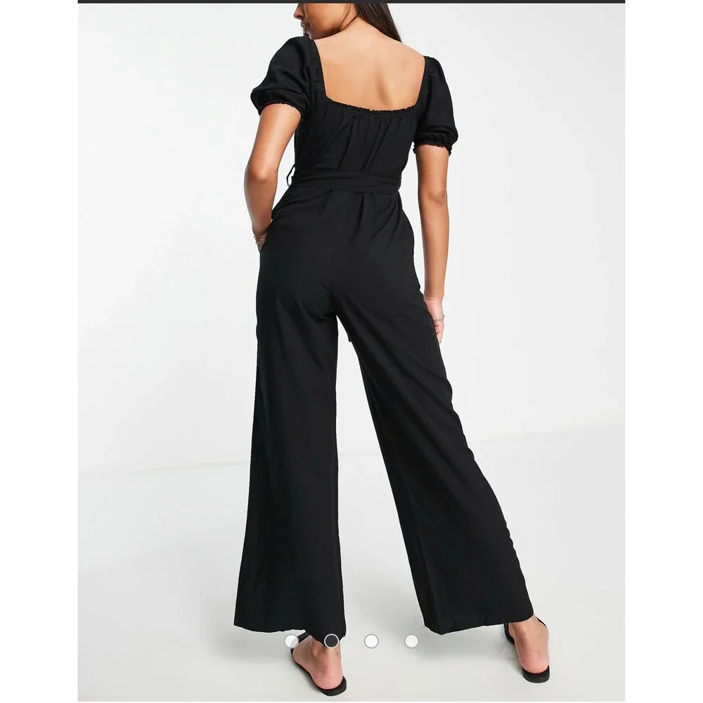 ASOS The Frolic Black Puff Sleeve Wide Leg Button Down Jumpsuit NWT Size 12 - Picture 3 of 10